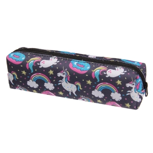 Close-up of durable oxford unicorn makeup bag with starry prints and metal zipper detail