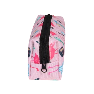 Pink canvas digital print makeup bag featuring cute cartoon bird and elephant patterns