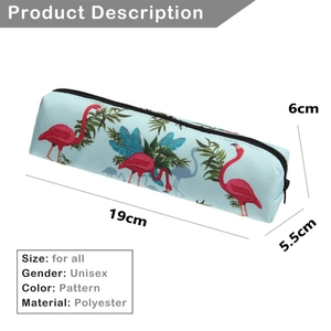 Blue Oxford cosmetic pouch with pink flamingo prints, measuring 19cm by 6cm by 5.5cm