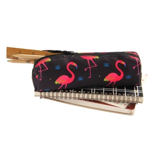 Detail view of Oxford cloth floral pouch with pink flamingos on stationery items