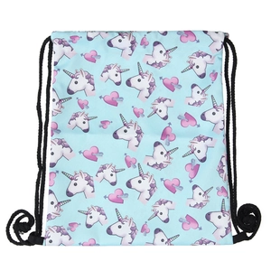 Light blue drawstring backpack with cute unicorn and pink heart print for travel