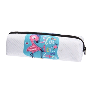 Close-up of Oxford fabric pencil case with pink flamingo print and Scooter Lover text