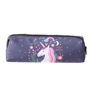 Detail of navy blue unicorn canvas pencil case showing durable texture and metal zipper