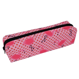 Portable pink makeup bag with digital flamingo and red polka dot pattern with black zipper