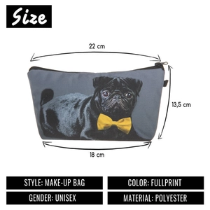 Cute black pug printed polyester makeup bag with zipper and detailed size specifications