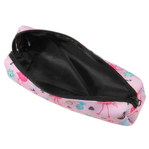 Pink flamingo canvas makeup bag with tropical prints and black zipper closure