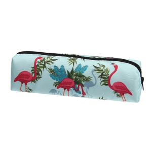 Close-up of Flamingo oxford makeup bag with tropical leaf print and black zipper seal