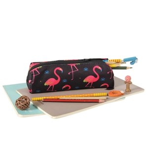 Portable Oxford pencil case with pink flamingo pattern and sturdy black zipper closure