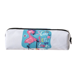 Detailed close-up of flamingo print on light blue polka dot oxford pencil case