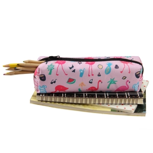 Pink canvas pencil case with tropical flamingo print, pineapple motifs and black zipper