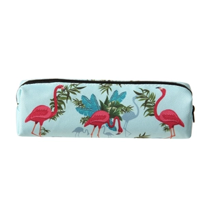 Oxford makeup bag detail with flamingo and tropical leaf print on blue canvas fabric