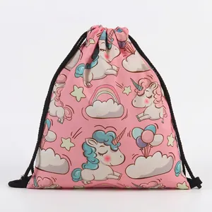 Pink Unicorn Printed Drawstring Backpack For Girls Rainbow Star Pattern Polyester Cinch Sack Storage Bag School Travel