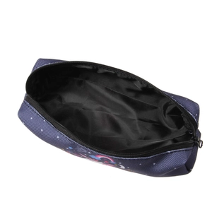 Deep blue starry unicorn oxford pencil case with rainbow and moon prints in open view
