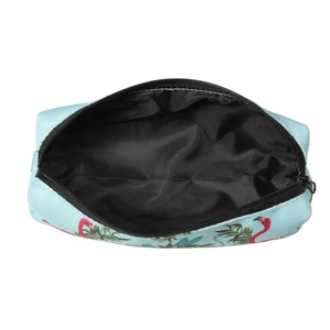 Blue oxford makeup bag with pink flamingo and tropical leaf print in an open view