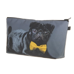 Close-up of a stylish grey cosmetic bag featuring a cute black pug with a yellow bow design
