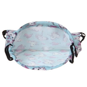 Light blue drawstring backpack featuring cute unicorn and pink heart prints