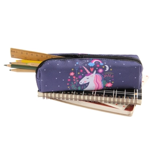 Detail of purple Oxford unicorn pencil case with rainbow prints and stationery