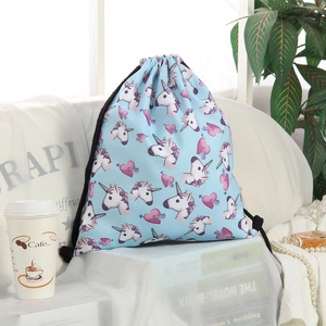 Unicorn printed drawstring backpack bag in light blue waterproof polyester fabric