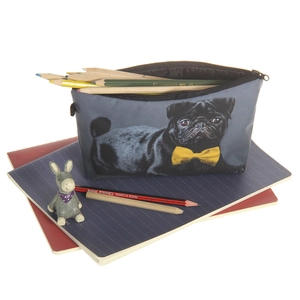 Deep grey canvas pug makeup bag with cute dog print and colored pencils inside