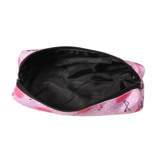 Pink flamingo print makeup bag with zipper and white polka dots for cosmetic storage