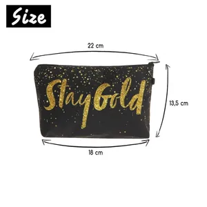 Polyester makeup bag with Stay Gold gold print design and zipper closure measurements