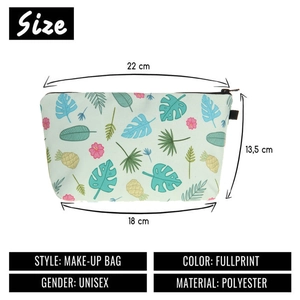 Floral leaf print polyester makeup bag for women with tropical pattern and top zipper