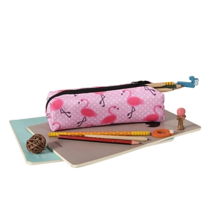 Pink flamingo canvas pencil case with white polka dots and a black zipper closure