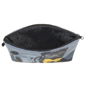 Chic blue makeup bag featuring a cute black pug print and spacious black inner lining