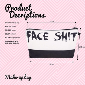 Polyester makeup bag detail showing 22cm width and 13.5cm height with letter print