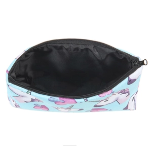 Pochette trucchi celeste con stampa unicorno, fodera nera e chiusura a zip