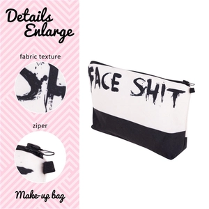 Detail view of canvas makeup bag with fabric texture and durable black metal zipper