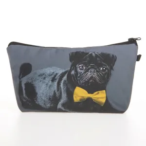Women Cute Pug Dog Print Makeup Bag Polyester Zipper Cosmetic Pouch Travel Toiletry Storage Bag Handbag Organizer