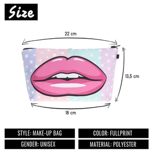 Polyester makeup bag with pink lip print on teal polka dot background and size dimensions