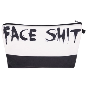 Chic black and white makeup bag with bold FACE SHIT letter print and side strap