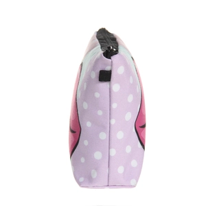 Detail of lavender makeup bag featuring red lips print and white polka dots on fabric