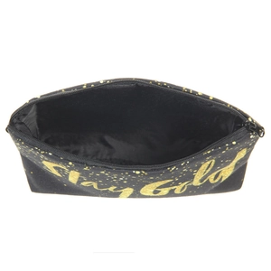 Canvas makeup bag with Stay Gold gold glitter print and zipper closure on white background
