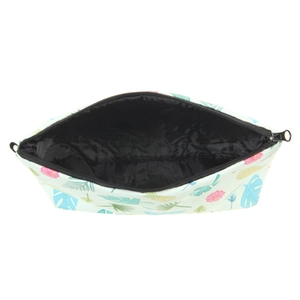 Tropical floral print canvas makeup bag with green leaves and black zipper closure