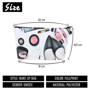 Polyester makeup bag with fashion prints and dimensions showing 22x18x13.5cm size