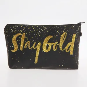 Stay Gold Printed Makeup Bag Women Polyester Travel Cosmetic Organizer Toiletry Bag Gold Letter Design Zipper Clutch