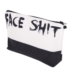 Canvas makeup bag with black and white contrast design and bold FACE SHIT print