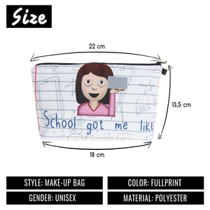 Polyester makeup bag with school theme emoji print showing product size and dimensions