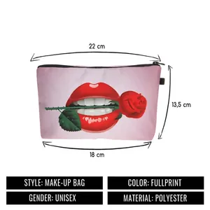 Size guide for a red lips and rose print cosmetic bag with polyester fabric and zipper
