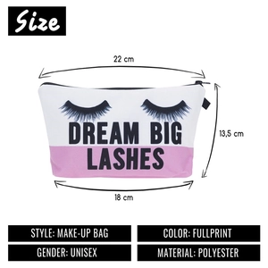 Dream Big Lashes makeup bag in pink and white polyester with dimensions and zipper