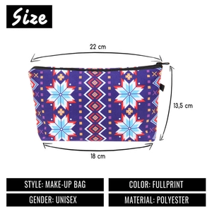 Trousse à maquillage violette à motif géométrique avec indications des dimensions