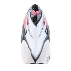 Multifunctional makeup bag with abstract shoe prints and secure black zipper closure