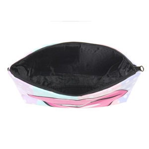 Fashionable makeup bag with pink lip print on pastel gradient background with polka dots