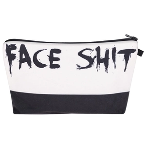 Minimalist black and white letter print makeup bag with face shit graphic and zipper