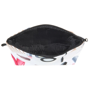 White canvas cosmetic pouch with colorful makeup prints and black zipper closure