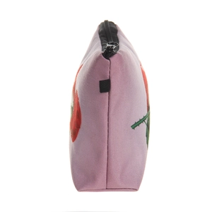 Lipstick and rose print makeup bag with a black zipper and side hanging loop