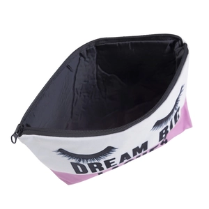 Pink and white Dream Big makeup bag with eyelash print and zipper closure